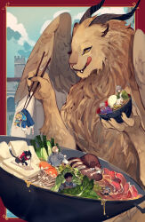 2girls 6+boys animal_ears armor black_hair blonde_hair border bowl brown_fur cat_ears cat_tail chilchuck_tims chopsticks claws crimson-chains dark-skinned_male dark_skin dungeon_meshi facial_hair fangs food grey_hair helmet highres holding holding_chopsticks horns izutsumi laios_touden licking_lips marcille_donato meat mithrun multiple_boys multiple_girls mushroom mustache noodles outside_border ramen red_border senshi_(dungeon_meshi) spoilers spring_onion tail thistle_(dungeon_meshi) tofu tongue tongue_out winged_lion_(dungeon_meshi) wings wok