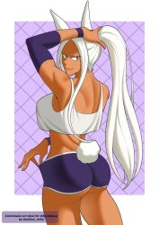 Rule 34 | 1girl, animal ears, artist name, ass, black shorts, boku no hero academia, border, breasts, commission, dark-skinned female, dark skin, highres, huge ass, large breasts, long eyelashes, long hair, looking at viewer, mirko, rabbit, rabbit ears, rabbit girl, rabbit tail, red eyes, shorts, smile, solo, tail, thick thighs, thighs, white border, white hair, yellow nicky