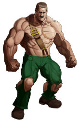 1boy abs anger_vein belt black_eyes brown_footwear brown_hair capcom clenched_hand facial_hair final_fight full_body green_pants looking_at_viewer male_focus mike_haggar muscular mustache pants simple_background taka_(takahirokun) topless_male torn_clothes torn_pants white_background