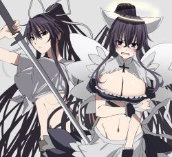 1girl angel_wings blush breasts cleavage elbow_gloves embarrassed fake_wings fallen_angel_ero_maid_costume gloves glowing glowing_halo grey_background hair_between_eyes hair_ribbon halo highres holding holding_sword holding_weapon kanzaki_kaori kasukasugom1 large_breasts long_hair maid midriff navel ootachi ponytail purple_eyes ribbon shichiten_shichitou shirt sword tied_shirt toaru_majutsu_no_index unconventional_maid very_long_hair weapon white_shirt wings yellow_halo