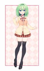 1girl black_shoes black_thighhighs blue_eyes border brown_cardigan brown_ribbon brown_skirt cardigan checkered_background collared_shirt double-parted_bangs full_body green_hair hair_between_eyes hair_ornament hairclip hand_up highres loafers long_sleeves looking_at_viewer medium_hair neck_ribbon open_mouth original pink_background pleated_skirt ribbon school_uniform shirai_tanuki shirt shoes signature single_sleeve_past_wrist skirt smile solo striped_ribbon takeda_emi thighhighs white_border white_shirt zettai_ryouiki