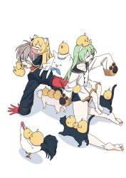 3girls :3 absurdres ahoge akashi_(azur_lane) animal animal_ear_fluff animal_ears animal_on_head azur_lane baby_animal barefoot bird black_jacket blonde_hair cat cat_ears chick closed_eyes dress gloves green_hair hatski.sin highres jacket jean_bart_(azur_lane) long_hair long_sleeves manjuu_(azur_lane) meowfficer_(azur_lane) multiple_girls on_head open_mouth oscar_(azur_lane) red_eyes red_gloves red_shirt shirt shorts simple_background sleeves_past_fingers sleeves_past_wrists white_background white_dress