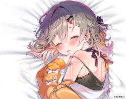 1girl absurdres arm_tattoo bed_sheet black_camisole black_choker bow camisole choker closed_eyes commentary_request copyright_notice facial_mark fang fingernails geshumaro grey_hair hair_between_eyes hair_bow highres jacket komori_met light_blush looking_at_viewer lying official_art on_side open_mouth orange_jacket ribbon_choker sample_watermark short_hair single_off_shoulder skin_fang sleeve_bow sleeves_past_wrists solo strap_slip tattoo triangle triangle_facial_mark virtual_youtuber vspo! watermark