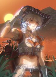 1girl absurdres adventure_ride_(infinity_nikki) belt belt_buckle belt_collar breasts brown_belt brown_eyes brown_sleeves brown_vest buckle chinese_commentary cleavage collar commentary_request cowboy_shot cowgirl_(western) cropped_shirt diamond-shaped_buckle expressionless eyelashes fingerless_gloves fringe_trim gloves grass grey_hair hand_on_headwear hat highres infinity_nikki jewelry lake lips long_hair looking_at_viewer midriff motor_vehicle motorcycle mountain navel necklace nikki_(series) orange_sky outdoors parted_lips pink_lips puffy_short_sleeves puffy_sleeves red_hat red_shirt shirt short_sleeves sidelocks sky solo standing star_(symbol) star_print studded_belt sun sunset swept_bangs teeth tuilihuanghoulingmuyuanzi two-tone_sleeves vest white_belt white_gloves