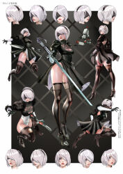 1girl 2b_(nier:automata) absurdres black_background black_blindfold black_boots black_dress black_gloves black_hairband black_thighhighs blindfold blue_eyes boots border breasts closed_mouth clothing_cutout commentary dagger dress elolaillustrator english_commentary feather-trimmed_sleeves gloves hair_over_one_eye hairband headband high_heels highres holding holding_dagger holding_knife holding_sword holding_weapon knife medium_breasts mole mole_under_mouth multiple_views nier:automata nier_(series) open_mouth outside_border parted_lips pod_(nier:automata) red_lips robot short_hair solo sword teeth thigh_boots thighhighs thighhighs_under_boots two-tone_gloves upper_teeth_only weapon white_border white_gloves white_hair