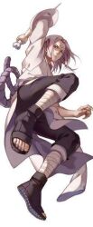 Rule 34 | 1boy, arm up, bandages, bone weapon, curse seal, dynamic pose, eyeliner, facial mark, forehead mark, freddie nya, full body, hair bobbles, hair ornament, holding, holding weapon, kaguya kimimaro, makeup, male focus, midair, naruto (classic), naruto (series), open clothes, pale skin, rope belt, sandals, simple background, solo, weapon, white background, white hair