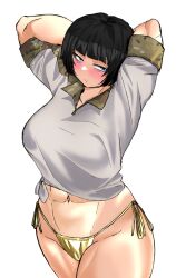 1girl abs absurdres arms_up bikini black_hair blue_eyes blunt_bangs blush bob_cut combat_shirt gold_bikini highres kyuusanmaru original pout shiny_skin shirt short_hair side-tie_bikini_bottom sleeves_rolled_up stretching swimsuit tied_shirt toned toned_female