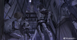 3boys arm_belt armor beard beard_stubble belt belt_buckle black_belt black_cape blonde_hair brown_hair buckle building cape chinese_commentary cloud cloudy_sky commentary_request cross_brooch crossed_arms faceless faceless_male facial_hair full_armor full_moon highres holding holding_sword holding_weapon knight leg_belt looking_afar male_focus moon multiple_belts multiple_boys night night_sky original outdoors saberiii short_hair sky stubble sword town watermark weapon weibo_watermark weibo_watermark