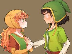 1boy 1girl assertive_female black_eyes black_hair blush bonnet breasts bright_pupils brown_background closed_mouth commentary couple dragon_quest dragon_quest_vii dress eye_contact grabbing_another&#039;s_breast green_eyes green_hat groping guided_breast_grab guiding_hand hand_on_another&#039;s_chest hat hero_(dq7) hetero highres jewelry long_hair looking_at_another maribel_(dq7) medium_breasts medium_hair nervous_sweating ring sweat sweatdrop upper_body white_pupils wide-eyed yellow_bonnet yucopi