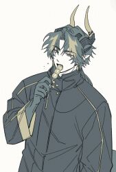 Rule 34 | 1boy, arknights, chongyue (arknights), coat, dango, dragon boy, dragon horns, dragon tail, earrings, eating, fang, food, hand up, high collar, highres, holding, holding food, horns, jewelry, long hair, long sleeves, low ponytail, male focus, multicolored hair, nills, open mouth, pointy ears, ponytail, simple background, streaked hair, tail, upper body, wagashi, wide sleeves, yellow background