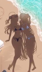 2girls absurdres beach bikini black_bikini blue_archive commentary day doodle_sensei_(blue_archive) dressed_shadow_(meme) english_commentary halo hand_up heart highres implied_nudity long_hair meme multiple_girls noa_(blue_archive) outdoors patreon_username rosumini sensei_(blue_archive) shadow swimsuit untied_bikini v very_long_hair water white_bikini yuuka_(blue_archive)