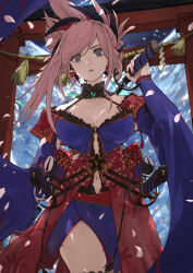 1girl bare_shoulders blue_eyes blue_kimono breasts cleavage earrings fate/grand_order fate_(series) hair_ornament highres japanese_clothes jewelry katana kimono large_breasts long_hair long_sleeves magatama miyamoto_musashi_(fate) miyamoto_musashi_(third_ascension)_(fate) navel neko_no_kedama obi parted_lips pink_hair ponytail sash short_kimono solo swept_bangs sword thighs weapon wide_sleeves