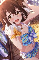 Rule 34 | 1girl, bare shoulders, bikini, blue bikini, blush, bow, bracelet, breasts, brown eyes, brown hair, cleavage, collarbone, floral print, haruki (haruki678), idolmaster, idolmaster million live!, jewelry, kasuga mirai, looking at viewer, medium breasts, midriff, navel, open mouth, scrunchie, short hair, smile, solo, swimsuit, towel, towel around neck, water, water drop, wet, yellow eyes