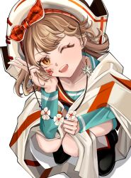 Rule 34 | 1girl, ;d, absurdres, aqua shirt, banner, bicorne, black shoes, bow hairband, brown hair, facial mark, from above, full body, hairband, hand up, hat, highres, holding banner, long sleeves, looking at viewer, official alternate costume, one eye closed, open mouth, orange eyes, plaid hairband, qingmiao, red hairband, red vest, regulus (reverse:1999), regulus (the fierce fan) (reverse:1999), reverse:1999, shirt, shoes, short hair, smile, solo, squatting, star (symbol), star facial mark, v, vest, white background, white hat