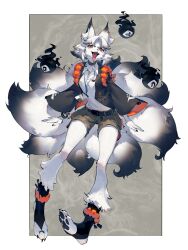 1girl absurdres animal_ear_fluff animal_ears anklet belt black_belt black_choker black_fur black_hair black_jacket black_socks border bridal_legwear brown_background brown_shorts choker collared_shirt commentary dress_shirt earrings fangs flipped_hair fox_ears fox_tail furry furry_female gradient_hair highres jacket jewelry looking_at_viewer medium_hair messy_hair multicolored_hair multiple_tails open_mouth orange_eyes original outside_border parted_bangs revision shiiorina shirt shirt_tucked_in shorts slit_pupils socks solo symbol-only_commentary tail three-quarter_sleeves toe_ring tongue tongue_out two-tone_hair white_border white_fur white_hair white_shirt