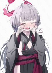 1girl bandaged_arm bandaged_hand bandages bare_shoulders black_nails black_shirt black_skirt blue_archive blunt_bangs blush commentary crying grey_hair grey_kimono highres japanese_clothes kimono long_hair noten_(notententen) purple_sash sash shirt shuro_(blue_archive) sidelocks skirt solo