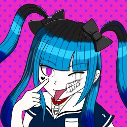 1girl amemiya_darumi black_bow black_hair blue_hair bow ear_piercing earrings face_piercing female_focus hair_bow hand_on_own_face hand_up heart jewelry lip_piercing long_hair looking_at_viewer makeup multicolored_hair one_eye_closed piercing pink_background pink_eyes polka_dot polka_dot_background purple_background runny_makeup safety_pin smile solo solo_focus the_hundred_line_-last_defense_academy- tongue tongue_out twintails upper_body wink