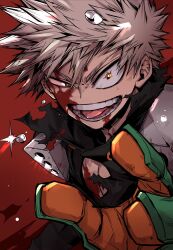 1boy bakugou_katsuki black_shirt blonde_hair blood blood_on_body blood_on_face boku_no_hero_academia chiyaya gloves hair_between_eyes highres injury looking_at_viewer male_focus multicolored_gloves open_mouth pants pectoral_cleavage pectorals reaching reaching_towards_viewer red_background shirt short_hair simple_background solo spiked_hair superhero_costume teeth tongue tongue_out torn_clothes torn_shirt uneven_eyes wide-eyed