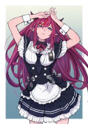 absurdres arms_up black_dress black_horns blue_eyes border cowboy_shot dress gradient_background heterochromia highres hololive hololive_english horns irys_(hololive) ld_(luna_dial398) long_hair multicolored_hair pointy_ears purple_eyes purple_hair red_hair streaked_hair two-tone_hair virtual_youtuber white_border
