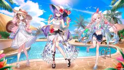 Rule 34 | 3girls, absurdres, airani iofifteen, airani iofifteen (holonatsu paradise), animal ears, ayunda risu, ayunda risu (holonatsu paradise), bag, bead bracelet, beads, bikini, bikini under shorts, black collar, blonde hair, blue hair, blue sky, bracelet, breasts, brown hair, closed mouth, cloud, collar, colored inner hair, commentary request, contrail, criss-cross halter, cumulonimbus cloud, cup, day, denim, denim shorts, dress, eyewear on headwear, feet, fishnet top, fishnets, flower, food, food on face, foot up, frilled bikini, frilled dress, frilled shirt collar, frills, front-tie bikini top, front-tie top, full body, gradient eyes, gradient hair, green eyes, green nails, grin, hair between eyes, hairband, halter shirt, halterneck, hand up, hat, hat flower, highleg, highleg bikini, highres, holding, holding cup, holding spoon, hololive, hololive indonesia, holonatsu paradise, jacket, jewelry, kt. (kaisou-notagui), lens flare, long hair, long sidelocks, long skirt, looking at viewer, medium breasts, midriff, moona hoshinova, moona hoshinova (holonatsu paradise), multicolored eyes, multicolored hair, multiple girls, nail polish, navel, off shoulder, official alternate costume, official alternate hairstyle, official art, open fly, open mouth, outdoors, paint splatter, palette hair ornament, pearl hair ornament, pendant collar, pink hair, pink hairband, pink jacket, pool, pouch, print bikini, purple eyes, purple hair, sandals, second-party source, shell hair ornament, shirt, shorts, shoulder bag, side slit, sidelocks, skirt, sky, sleeveless, smile, spoon, squirrel ears, squirrel girl, squirrel tail, starfish hair ornament, starry hair, straw hat, streaked hair, sun, sun hat, sunglasses, sunlight, swimsuit, tachi-e, tail, teeth, thigh pouch, toes, tongue, tongue out, transparent wings, twintails, two-tone hair, two-tone hairband, upper teeth only, very long hair, virtual youtuber, white bikini, white dress, white hair, white hairband, white hat, white shirt, white skirt, wide brim, yellow eyes