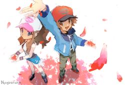 1boy 1girl arm_up artist_name bad_id bad_tumblr_id baseball_cap blue_eyes blue_jacket brown_eyes exposed_pocket falling_petals full_body hat hilbert_(pokemon) hilda_(pokemon) holding holding_petal jacket looking_at_viewer nintendo nyagiratwist outstretched_arm petals pokemon pokemon_bw smile standing white_background