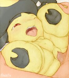 1boy 1girl black_hair black_skin blush clitoris colored_skin completely_nude creatures_(company) erection feet flat_chest game_freak gen_3_pokemon half-closed_eye hetero interspecies legs_up light_blush long_hair mawaifu mawile multicolored_skin nintendo nose_blush nude one_eye_closed open_mouth penis pokemon pokemon_(creature) pussy pussy_juice red_eyes saliva sex soles solo_focus spread_legs teeth thick_thighs thighs tongue tongue_out two-tone_skin uncensored vaginal wince yellow_skin