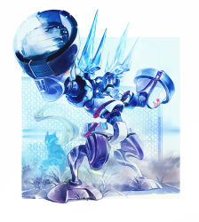 2boys amehatobook armor battle_damage blizzack_staggroff blonde_hair body_armor boots codpiece energy_sword fighting gauntlets green_eyes helmet ice long_hair mega_man_(series) mega_man_zero_(series) multiple_boys non-humanoid_robot ponytail robot robot_animal sword weapon white_background zero(z)_(mega_man) zero_(mega_man)