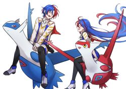 1boy 1girl female_alear_(fire_emblem) male_alear_(fire_emblem) blue_hair crossed_bangs fire_emblem fire_emblem_engage flying gen_3_pokemon heterochromia highres latias latios legendary_pokemon long_hair multicolored_hair nintendo pokemon pokemon_(creature) red_hair split-color_hair two-tone_hair zuzu_(ywpd8853)