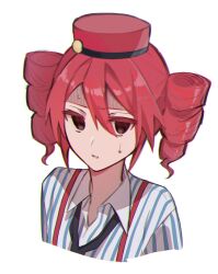1girl absurdres black_eyes black_necktie collared_shirt cropped_torso drill_hair flat_chest hair_between_eyes hat highres kasane_teto mesmerizer_(vocaloid) necktie parted_lips red_hair red_hat sarai_maki shirt simple_background skirt solo striped_clothes striped_shirt suspender_skirt suspenders sweatdrop twin_drills upper_body utau white_background wing_collar