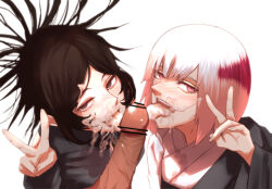 1boy 2girls after_fellatio blush breasts brown_hair censored cum cum_in_mouth cum_on_body erection facial ikecchi_(hayato_moon) jujutsu_kaisen multiple_girls open_mouth penis red_eyes short_hair tongue tongue_out uraume_(jujutsu_kaisen) v yorozu_(jujutsu_kaisen)