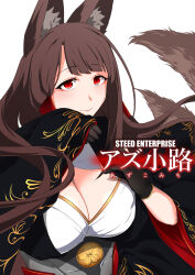 1girl akagi_(azur_lane) animal_ears azur_lane black_kimono breasts brown_hair brown_tail cleavage eyeliner eyeshadow fox_ears fox_girl fox_tail gloves highres japanese_clothes kimono kitsune kyuubi large_breasts long_hair looking_at_viewer makeup multiple_tails red_eyes smile solo steed_(steed_enterprise) tail wide_sleeves