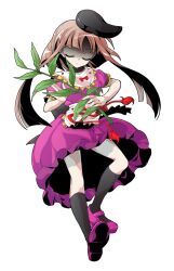 Rule 34 | 1girl, alphes (style), apron, bare arms, black hat, black socks, bow, buttons, capelet, closed mouth, commentary request, dairi, dress, frilled apron, frilled dress, frilled sleeves, frills, full body, hat, holding, kneehighs, leaf, long hair, looking at viewer, mary janes, myouga (plant), nishida satono, parody, puffy short sleeves, puffy sleeves, purple dress, purple eyes, purple shoes, red bow, red ribbon, ribbon, shoes, short hair with long locks, short sleeves, sidelocks, smile, socks, solo, style parody, tachi-e, tareme, tassel, tate eboshi, touhou, transparent background, turtleneck, white apron, white capelet