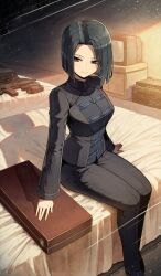 1girl arm_support black_eyes black_hair black_jacket black_pants black_shoes bob_cut breasts briefcase closed_mouth commentary_request crt curtained_hair fate/grand_order fate_(series) full_body game_cg gun high_collar hisau_maiya indoors jacket kuroi_susumu legs_together light_particles light_rays long_sleeves looking_at_viewer medium_breasts official_art on_bed pants shoes short_hair sitting smile solo television third-party_source weapon weapon_request