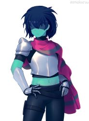 1other aamakuruu androgynous blue_bodysuit blue_hair blue_skin bodysuit colored_skin crop_top deltarune gauntlets hair_over_eyes highres kris_(dark_world)_(deltarune) kris_(deltarune) light_blush midriff scarf shaded_face short_hair skinny solo striped_clothes striped_scarf torso white_background