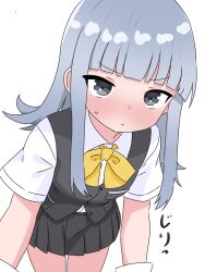 1girl angry black_eyes black_skirt black_vest blue_hair blush bow bowtie breast_pocket gloves hatsukaze_(kancolle) highres kantai_collection leaning_forward long_hair looking_at_viewer matsu_(pixiv_115467950) pocket school_uniform shirt short_sleeves skirt standing sweat vest white_background white_gloves white_shirt yellow_bow yellow_bowtie