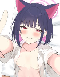 absurdres animal_ear_fluff animal_ears black_hair blue_archive blush breasts collarbone commentary extra_ears halo highres kazusa_(blue_archive) kurumi_kororin medium_breasts multicolored_hair open_clothes open_shirt pink_hair pink_halo red_eyes shirt sidelocks smile white_shirt