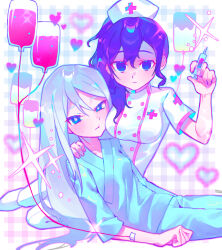 2girls absurdres aqua_pants aqua_shirt asahina_mafuyu blue_eyes breasts buttons cheek-to-breast closed_mouth commentary dress empty_eyes expressionless grey_hair hat highres holding holding_syringe intravenous_drip iro_(mywife_sunny) long_hair medium_breasts multiple_girls nurse nurse_cap pants project_sekai purple_hair shirt shoes short_sleeves side_ponytail small_breasts syringe tsurime white_dress white_shoes yoisaki_kanade