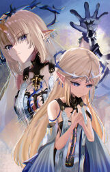 Rule 34 | 2girls, absurdres, bare shoulders, black collar, black dress, blonde hair, blue eyes, breasts, cartethyia (wuthering waves), chromatic aberration, closed mouth, collar, commentary, crown of thorns, dress, dual persona, earrings, fleurdelys (wuthering waves), floating earrings, gang ryeol, hand up, hands up, highres, jewelry, large breasts, long hair, looking afar, looking ahead, looking at viewer, multiple girls, necklace, own hands together, parted bangs, pointy ears, sidelocks, sword, tabard, tacet mark (wuthering waves), twintails, weapon, white tabard, wuthering waves