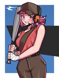 1girl alternate_costume alternate_hairstyle bandaged_hand bandages baseball_bat breasts fire_emblem fire_emblem_engage highres holding holding_baseball_bat hortensia_(fire_emblem) medium_breasts metal_baseball_bat mnejing30 multicolored_hair nintendo pink_eyes pink_hair pink_shirt ponytail shirt smile solo two-tone_hair