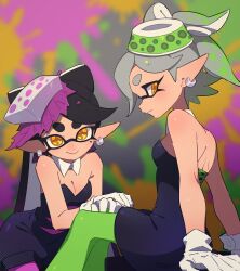 2girls armpit_crease bare_shoulders black_dress black_hair black_jumpsuit blurry blurry_background bow-shaped_hair breasts callie_(splatoon) cleavage closed_mouth collar cousins cross-shaped_pupils detached_collar dress earrings gloves gradient_hair green_hair green_pantyhose grey_hair hand_on_another&#039;s_leg highres inkling jewelry jumpsuit long_hair long_pointy_ears looking_at_viewer marie_(splatoon) multicolored_hair multiple_girls nintendo pantyhose pink_hair pink_pantyhose pointy_ears short_hair short_jumpsuit sitting smile splatoon_(series) splatoon_1 strapless strapless_dress surume01417 swept_bangs symbol-shaped_pupils tentacle_hair thick_eyebrows white_collar white_gloves yellow_eyes