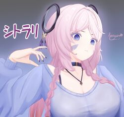 1girl :t alternate_costume black_choker black_nails blue_eyes blue_sweater bra_strap breasts choker citlali_(genshin_impact) cleavage commentary english_commentary facial_mark forehead_mark genshin_impact hand_up highres jewelry kaoyumw large_breasts long_hair long_sleeves nail_polish necklace pink_hair ring_hair_ornament solo sweater translated upper_body very_long_hair