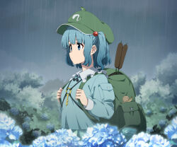 1girl backpack bag blue_eyes blue_hair blue_shirt expressionless flower frog green_bag green_hat hat hydrangea kawashiro_nitori necono_(nekonosora1207) outdoors overcast rain shirt sky snail solo touhou two_side_up upper_body