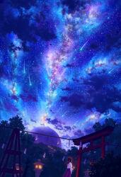 1girl absurdres au_ito bow bow_skirt breasts brown_hair candle cloud commentary_request floating_hair forest from_behind highres holding holding_candle ladder lamp long_hair long_sleeves moon multiple_torii nature night night_sky original ponytail red_bow red_skirt shirt skirt sky sky_focus solo star_(sky) starry_sky torii very_wide_shot white_shirt wide_sleeves