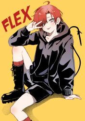 1boy absurdres ahoge alternate_costume arm_support black_boots black_jacket black_shirt boots highres holostars holostars_english hood hoodie jacket looking_at_viewer machina_x_flayon male_focus red_hair shirt short_hair shorts sitting socks solo suicchonsuisui tail thighs tongue tongue_out v