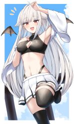 1girl absurdres arm_up armpits bare_shoulders bat_wings black_thighhighs blush border breasts cleavage_cutout clothing_cutout commentary_request commission detached_sleeves highres leg_up long_hair looking_at_viewer medium_breasts navel open_mouth original red_eyes skeb_commission skirt solo teeth thighhighs upper_teeth_only white_border white_hair white_skirt wings yamato_(muchuu_paradigm)