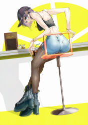 1girl ass bare_shoulders baseball_cap black_boots black_camisole black_pantyhose boots bracelet breasts cafe camisole commentary_request crop_top crossed_ankles cup denim disposable_cup drinking_straw earrings from_behind green_eyes hat highres inaba_makoto jewelry large_breasts leaning_forward looking_back necklace original pantyhose pantyhose_under_shorts platform_boots purple_hair restaurant short_hair short_shorts shorts sitting solo stool thighs