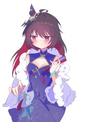 1girl :t absurdres ahoge bare_shoulders blue_dress blush breasts brown_hair china_dress chinese_clothes cleavage cleavage_cutout closed_mouth clothing_cutout commentary_request dress folded_fan folding_fan hair_between_eyes hand_fan hand_up highres holding holding_fan honkai_(series) honkai_impact_3rd korean_commentary long_hair looking_to_the_side multicolored_hair pic_p_p pouch purple_eyes red_hair seele_vollerei simple_background sleeveless sleeveless_dress small_breasts solo two-tone_hair very_long_hair white_background