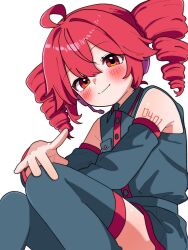 1girl ahoge blush closed_mouth detached_sleeves feet_out_of_frame grey_shirt grey_skirt grey_thighhighs haru_maron highres kasane_teto kasane_teto_(utau) knees_up long_sleeves looking_at_viewer miniskirt red_eyes red_hair shirt sitting skirt sleeveless sleeveless_shirt solo thighhighs utau white_background