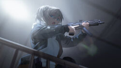 1girl black_jacket blonde_hair blue_eyes commentary gun highres jacket long_hair looking_at_viewer magazine_(weapon) open_clothes open_jacket open_mouth original pp-19-01_vityaz railing rff_(3_percent) shirt solo submachine_gun teeth trigger_discipline upper_body upper_teeth_only weapon white_shirt