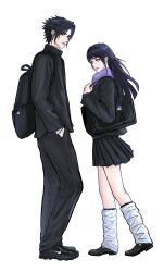 1boy 1girl absurdres alternate_costume backpack bag black_eyes black_hair black_jacket black_pants black_shoes black_skirt blazer blush character_charm charm_(object) commentary contemporary grey_eyes hand_in_pocket highres holding holding_bag hyuuga_hinata jacket kneehighs light_smile long_hair looking_at_viewer looking_to_the_side naruto_(series) naruto_shippuuden pants pleated_skirt pongalia0312 purple_scarf scarf school_uniform shoes short_hair simple_background skirt socks uchiha_sasuke white_background white_socks